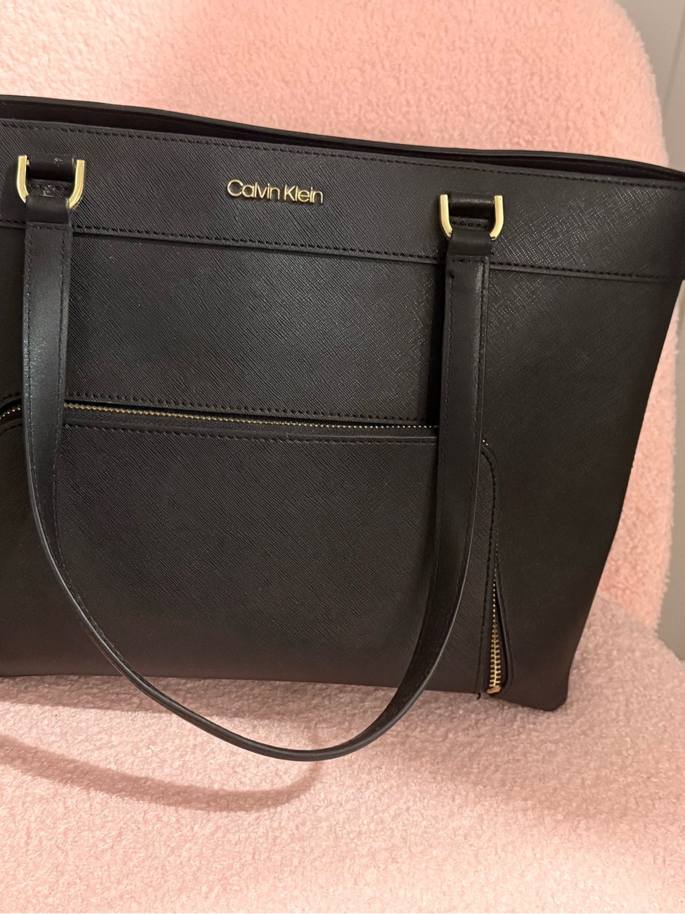 Calvin Klein Black Structured Saffiano Tote with Gold Hardware
